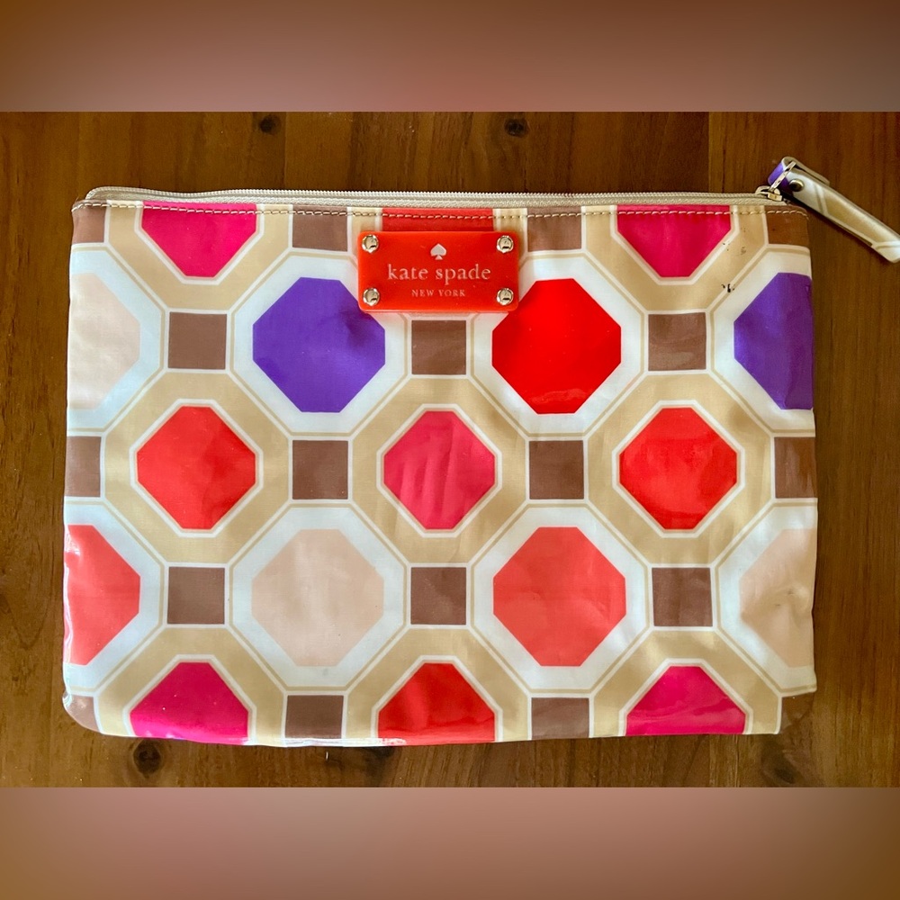 Kate Spade Hexagon Pattern Clutch in Red, Purple, and Tan